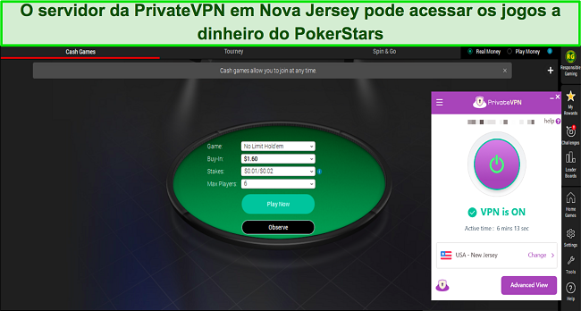 Captura de tela da opção de assento rápido do PokerStars enquanto o PrivateVPN está conectado a um servidor em Nova Jersey, EUA
