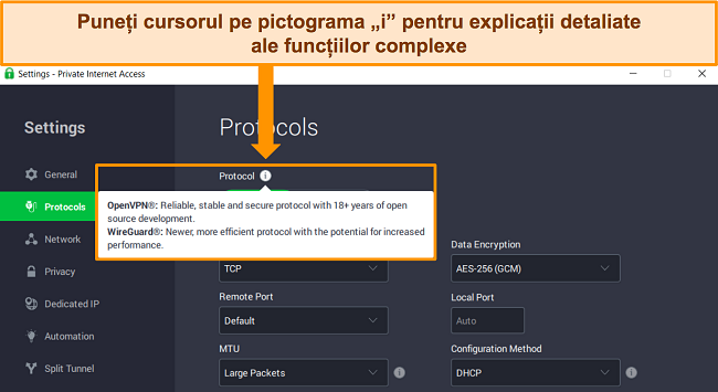 Captură de ecran a aplicației Windows PIA din meniul Protocoale, care arată o explicație detaliată a unei caracteristici atunci când treceți cu mouse-ul peste pictograma de informații „i”.