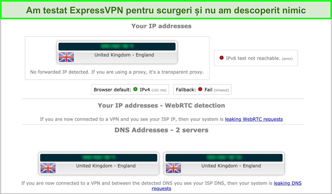 Captura de ecran a rezultatelor testului de scurgere ExpressVPN în timp ce este conectat la un server din Marea Britanie