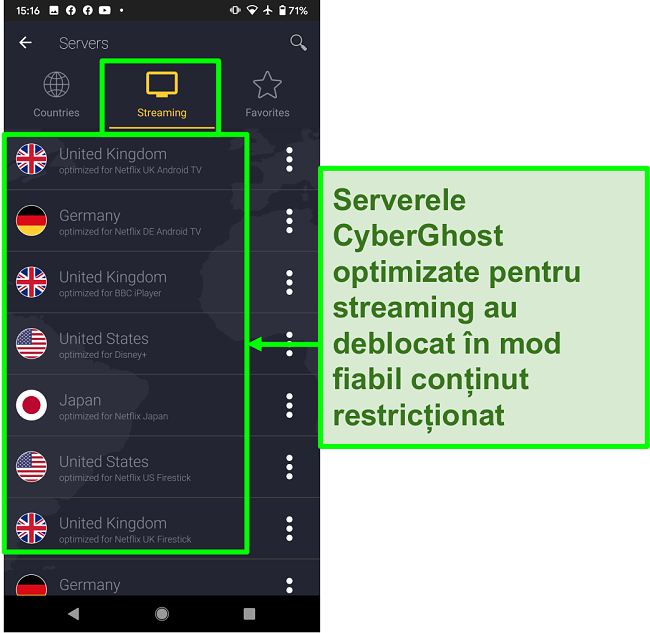 Captura de ecran a serverelor optimizate în streaming de CyberGhost