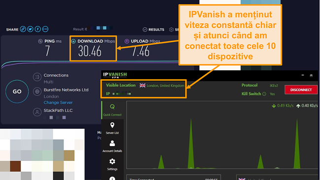 Captură de ecran a unui test de viteză cu conexiune IPVanish