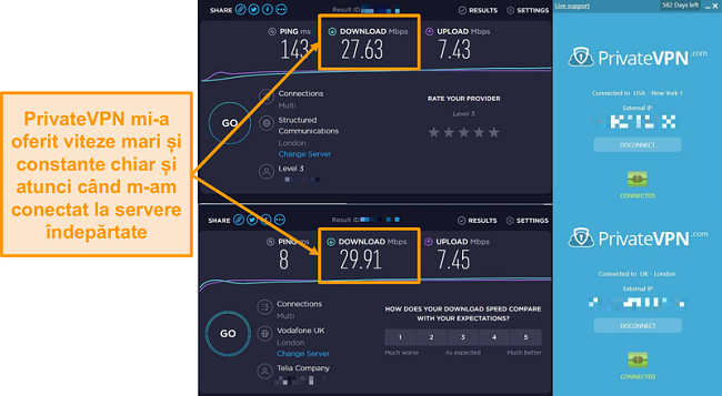 Captură de ecran cu compararea vitezei PrivateVPN