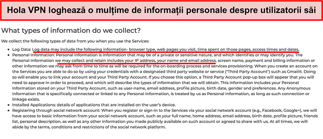 Captura de ecran a politicii de confidențialitate Hola VPN care arată că înregistrează adresa IP