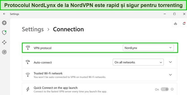 Captură de ecran a aplicației Windows NordVPN care arată protocolul NordLynx selectat