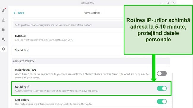 Captură de ecran a interfeței Windows a Surfshark care arată Rotirea IP activată