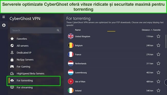 Captură de ecran a aplicației CyberGhost pentru Windows, cu lista de servere de torrenting evidențiată.