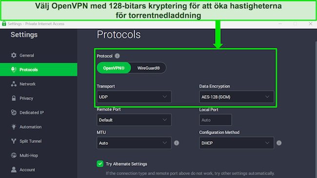 Skärmdump av PIA:s Windows-app med AES 128-bitars kryptering vald