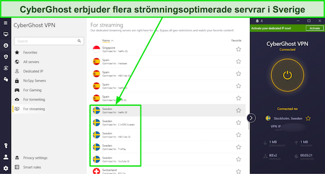 Skärmdump som visar CyberGhosts streamingoptimerade servrar i Sverige