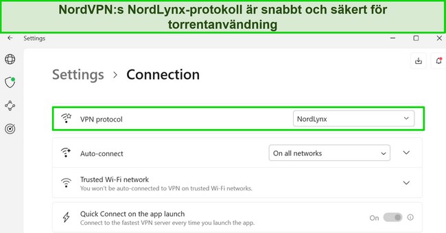 Skärmdump av NordVPNs Windows-app som visar NordLynx-protokollet valt