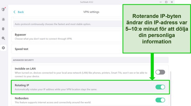 Skärmdump av Surfsharks Windows-gränssnitt som visar IP-rotering påslagen