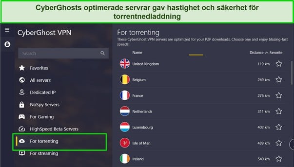 Skärmdump av CyberGhosts Windows-app med listan över torrent-servrar markerad.