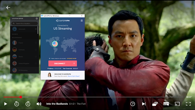 Screenshot of SaferVPN unblocking Into the Badlands on Netflix