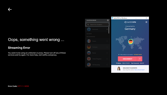 Screenshot of SaferVPN connected to server in Germany showing Netflix proxy error message