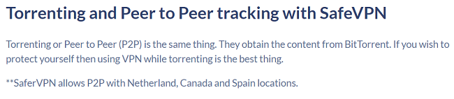 Screenshot of showed explanation for alowed torrenting and peer to peer tracking with SaferVPN