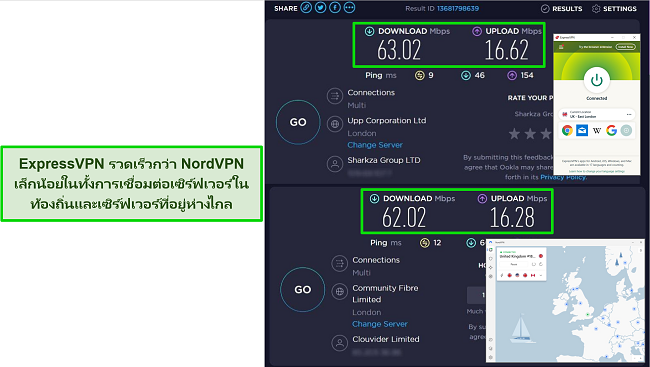 ภาพหน้าจอของ ExpressVPN และ NordVPN ที่เชื่อมต่อกับเซิร์ฟเวอร์ในสหราชอาณาจักร โดยผลการทดสอบความเร็วของ Ookla แสดงให้เห็นว่า ExpressVPN นั้นเร็วกว่าเล็กน้อย