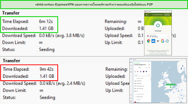 ภาพหน้าจอของไคลเอนต์ BitTorrent torrent แสดงเวลาดาวน์โหลดสำหรับ 2 ทอร์เรนต์ โดย ExpressVPN และ NordVPN เชื่อมต่อกับเซิร์ฟเวอร์ในสหราชอาณาจักร