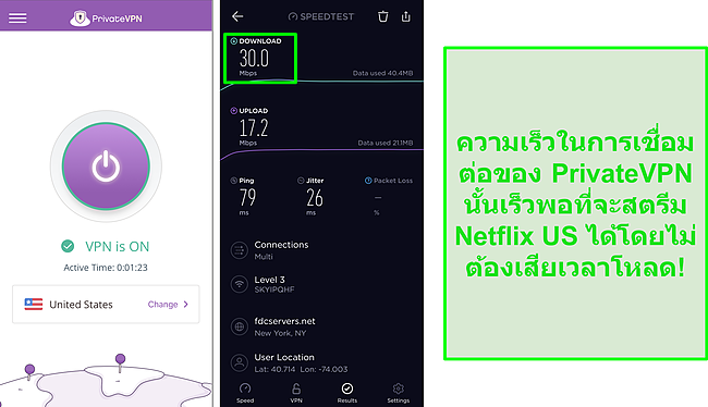 สกรีนช็อตของ PrivateVPN ที่เชื่อมต่อกับเซิร์ฟเวอร์ของสหรัฐอเมริกาและการทดสอบความเร็ว Ookla