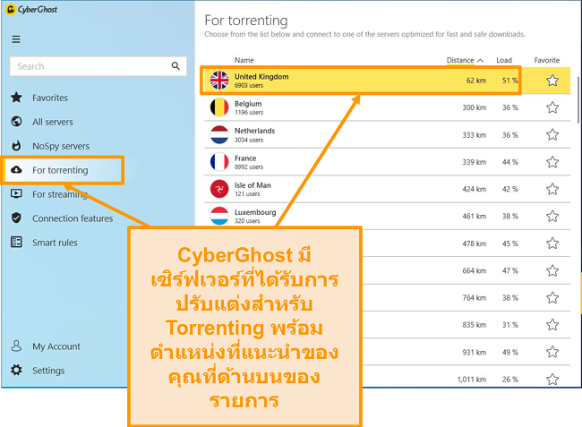 ภาพหน้าจอของเซิร์ฟเวอร์ที่ปรับแต่ง P2P ของ CyberGhost