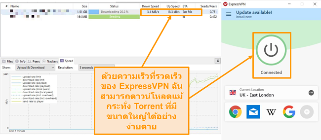 ภาพหน้าจอของการดาวน์โหลดไฟล์ torrent ด้วยการตั้งค่าการเชื่อมต่อ ExpressVPN