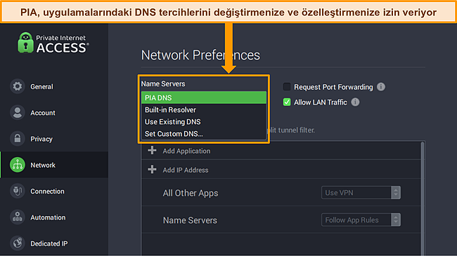 Ağ Tercihi menüsü açık ve DNS sunucusu seçenekleri vurgulanmış halde PIA'nın Windows uygulamasının ekran görüntüsü.