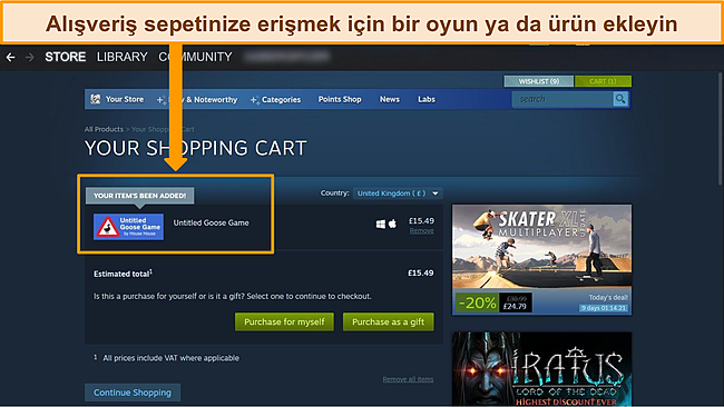 Sepete yeni eklenen bir oyunu çevreleyen vurgulu Steam panosunun ekran görüntüsü.