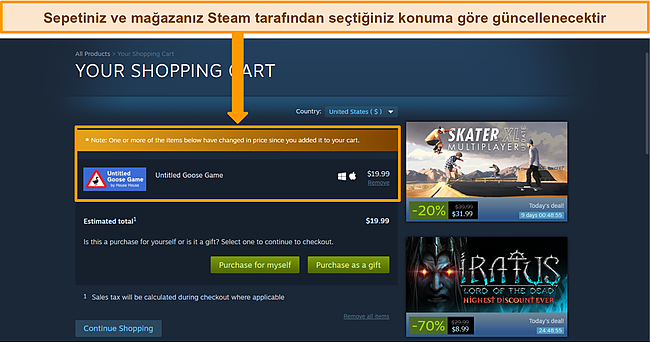 Yeni seçilen konumla eşleşmesi için güncellenmiş para birimi ve alışveriş sepeti ile Steam panosunun ekran görüntüsü.