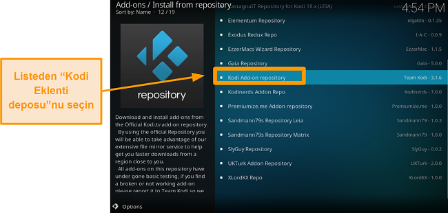 resmi kodi eklentisinin nasıl yükleneceğinin ekran görüntüsü beşinci adım listeden Kodi eklentisine tıklayın