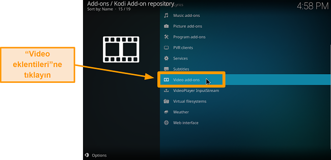 resmi kodi eklentisinin altıncı adım tıklama video eklentilerinin nasıl yükleneceğinin ekran görüntüsü