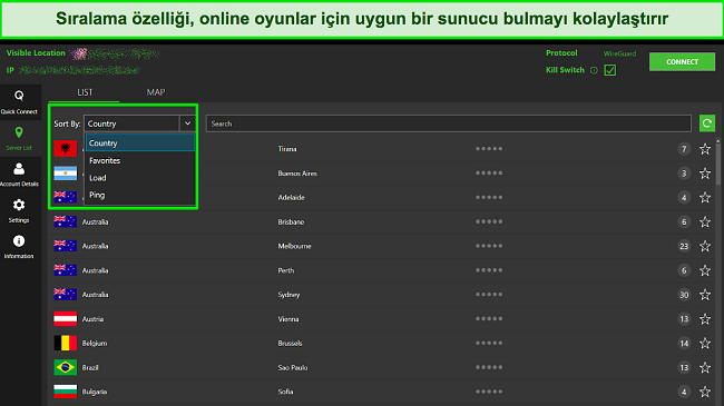 IPVanish'in sıralama işlevinin ekran görüntüsü