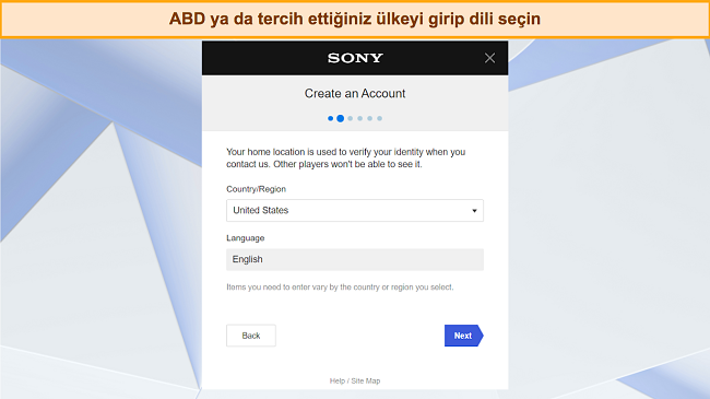 &Uuml;lke ve dil talep eden PlayStation'ın hesap oluşturma ekranının ekran g&ouml;r&uuml;nt&uuml;s&uuml;