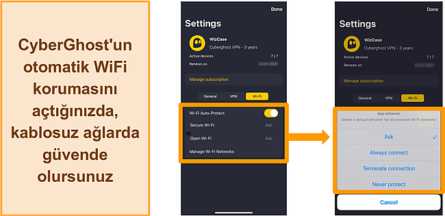 iPhone'daki CyberGhost VPN otomatik WiFi koruma özelliğinin ekran görüntüsü.