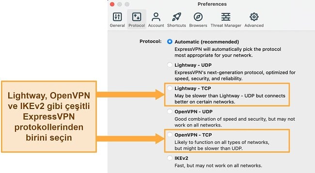 VPN bağlantısı kesiliyor nasıl düzeltilir ExpressVPN Protokol menüsü TCP protokollerini gösteriyor