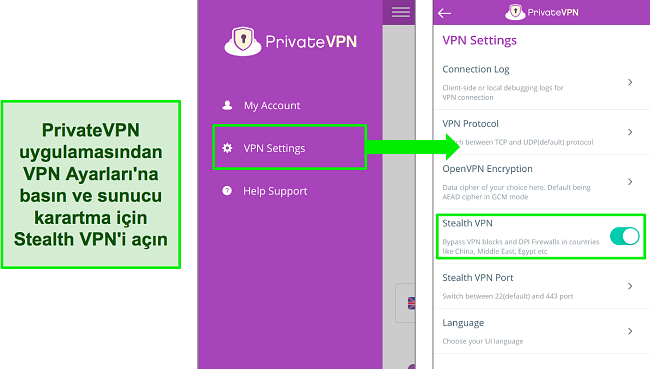 Gizli VPN özelliğinin nasıl açılacağını gösteren PrivateVPN iOS uygulamasının ekran görüntüleri
