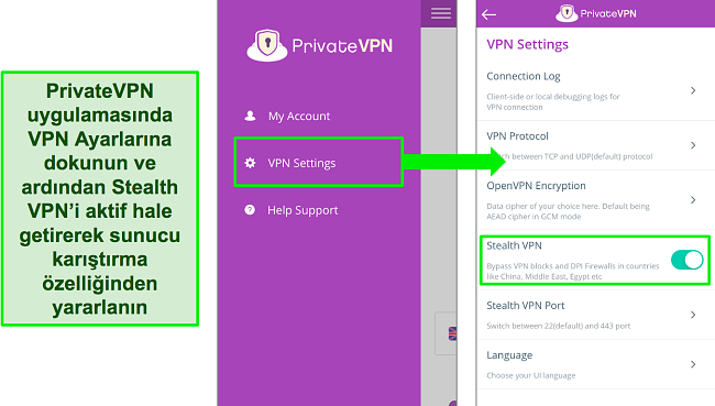 Gizli VPN özelliğinin nasıl açılacağını gösteren PrivateVPN iOS uygulamasının ekran görüntüleri.