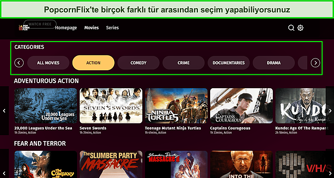 PopcornFlix kullanıcı arabiriminin ekran görüntüsü.