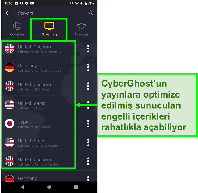 CyberGhost'un akış için optimize edilmiş sunucularının ekran görüntüsü