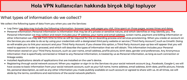 IP adresini kaydettiğini gösteren Hola VPN gizlilik politikasının ekran görüntüsü