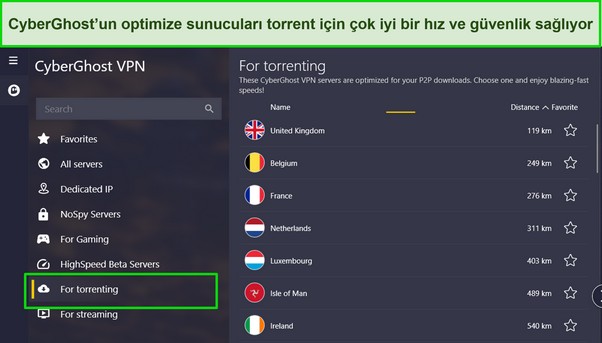 Torrent sunucuları listesinin vurgulandığı CyberGhost'un Windows uygulamasının ekran görüntüsü.