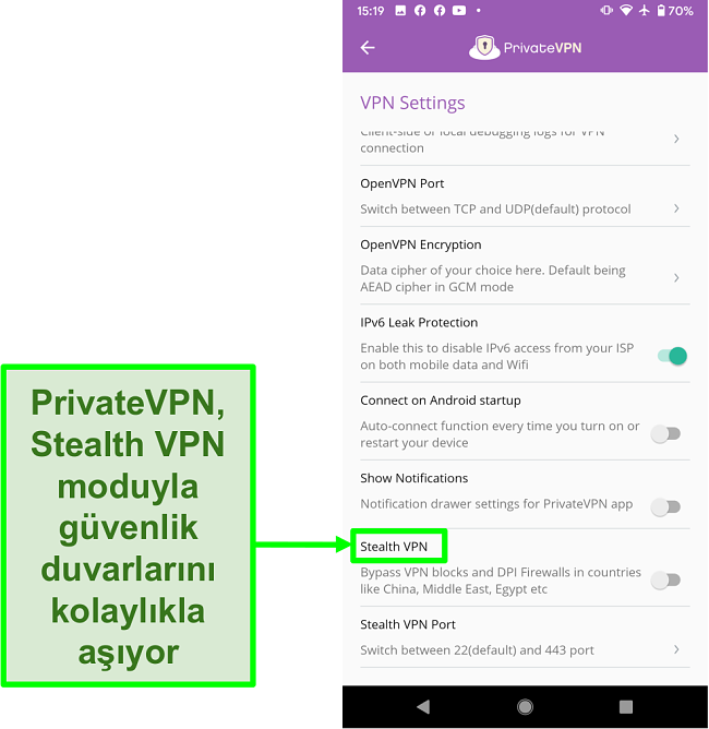 VPN engellerini aşmaya yardımcı olan Stealth VPN özelliğini gösteren PrivateVPN Android uygulamasının ekran görüntüsü