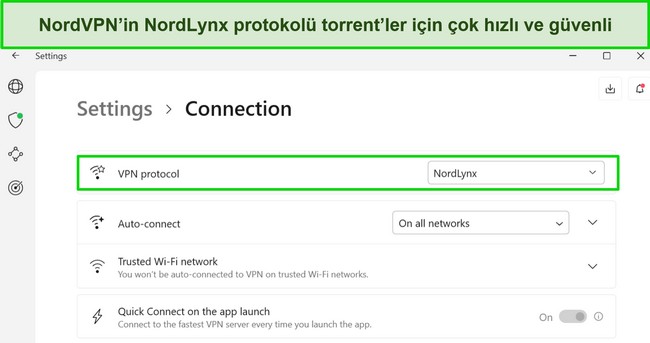 NordVPN'in Windows uygulamasının NordLynx protokolünün seçili olduğunu gösteren ekran görüntüsü
