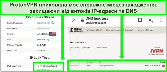 Знімок екрана тесту на витік DNS та IP-адрес, який не показує витоків IP-адрес під час підключення до Proton VPN