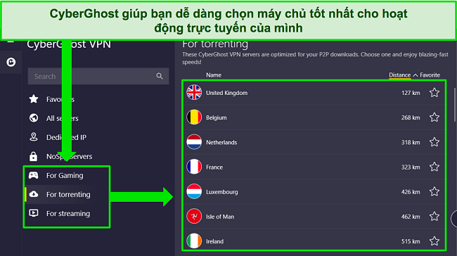Ảnh chụp màn hình ứng dụng Windows của CyberGhost, làm nổi bật lựa chọn máy chủ được tối ưu hóa.