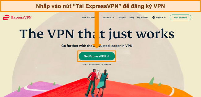 Ảnh chụp màn hình trang chủ của ExpressVPN, làm nổi bật nút 