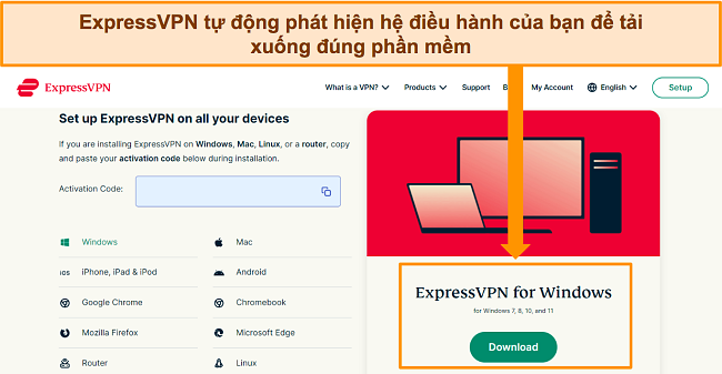 Ảnh chụp màn hình trang tải xuống phần mềm của ExpressVPN trên trang web của nó.