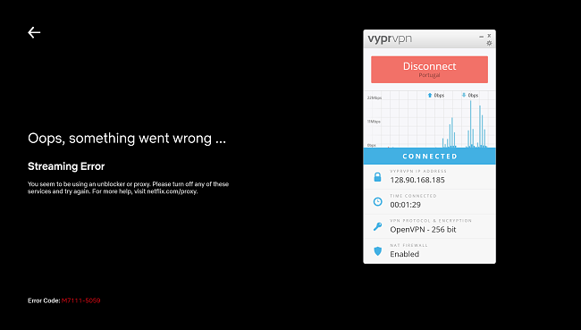 Screenshot of VyprVPN connected to server in Portugal showing Netflix proxy error message