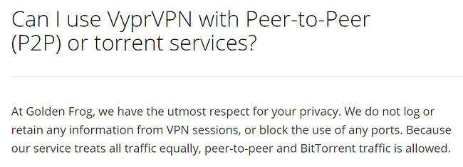 Screenshot of torrenting FAQ section on the VyprVPN website