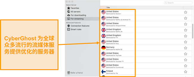 Mac版CyberGhost应用程序的屏幕截图，显示了用于流媒体的优化服务器