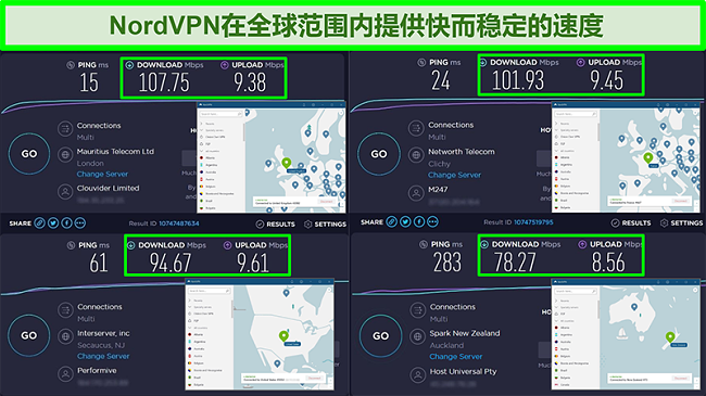 连接到不同全局服务器的NordVPN的速度测试的屏幕截图