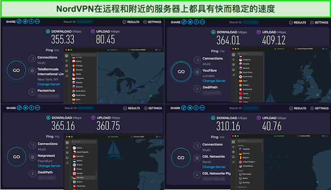NordVPN 跨 4 个全球服务器的速度测试结果。