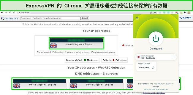 ExpressVPN 的 Chrome 扩展连接到英国服务器的屏幕截图，IPLeak.net 测试显示零数据泄漏。